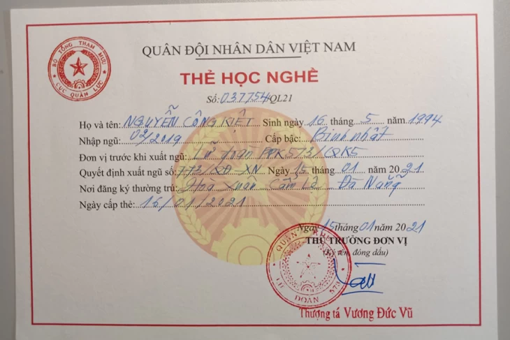 Thời hạn sử dụng thẻ học nghề của người hoàn thành nghĩa vụ quân sự